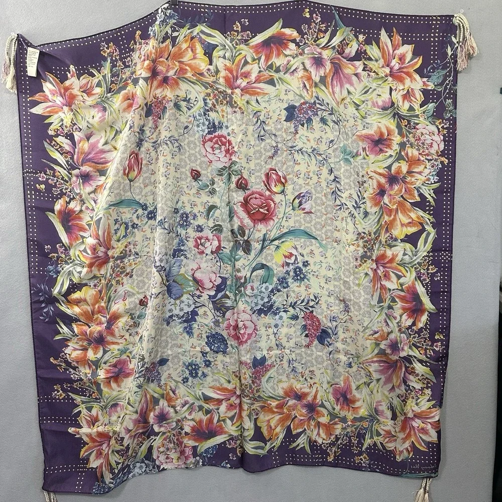 Johnny‎ Was Silk Floral Print Scarf Tasseled Colorful Artsy Boho Square Women's
